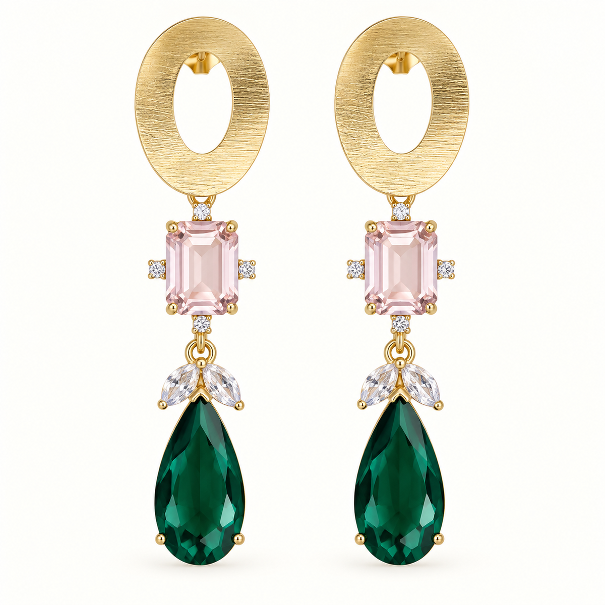 Aros Luciana dorados con cristal rosa y verde esmeralda – MCJoyas