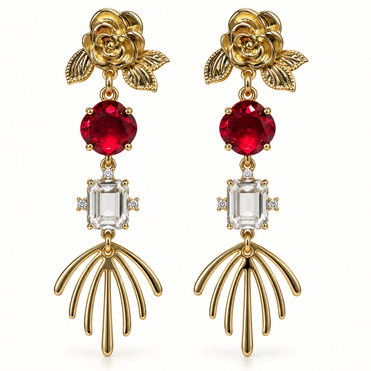 Aros dorados largos con flor, cristal rojo facetado, cristal transparente rectangular y colgante dorado MCJoyas.
