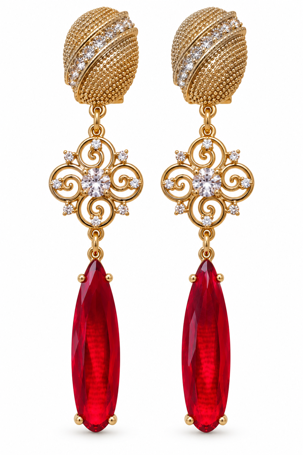 Aros largos dorados con cristal rojo alargado y detalles de cristales transparentes, MCJoyas.