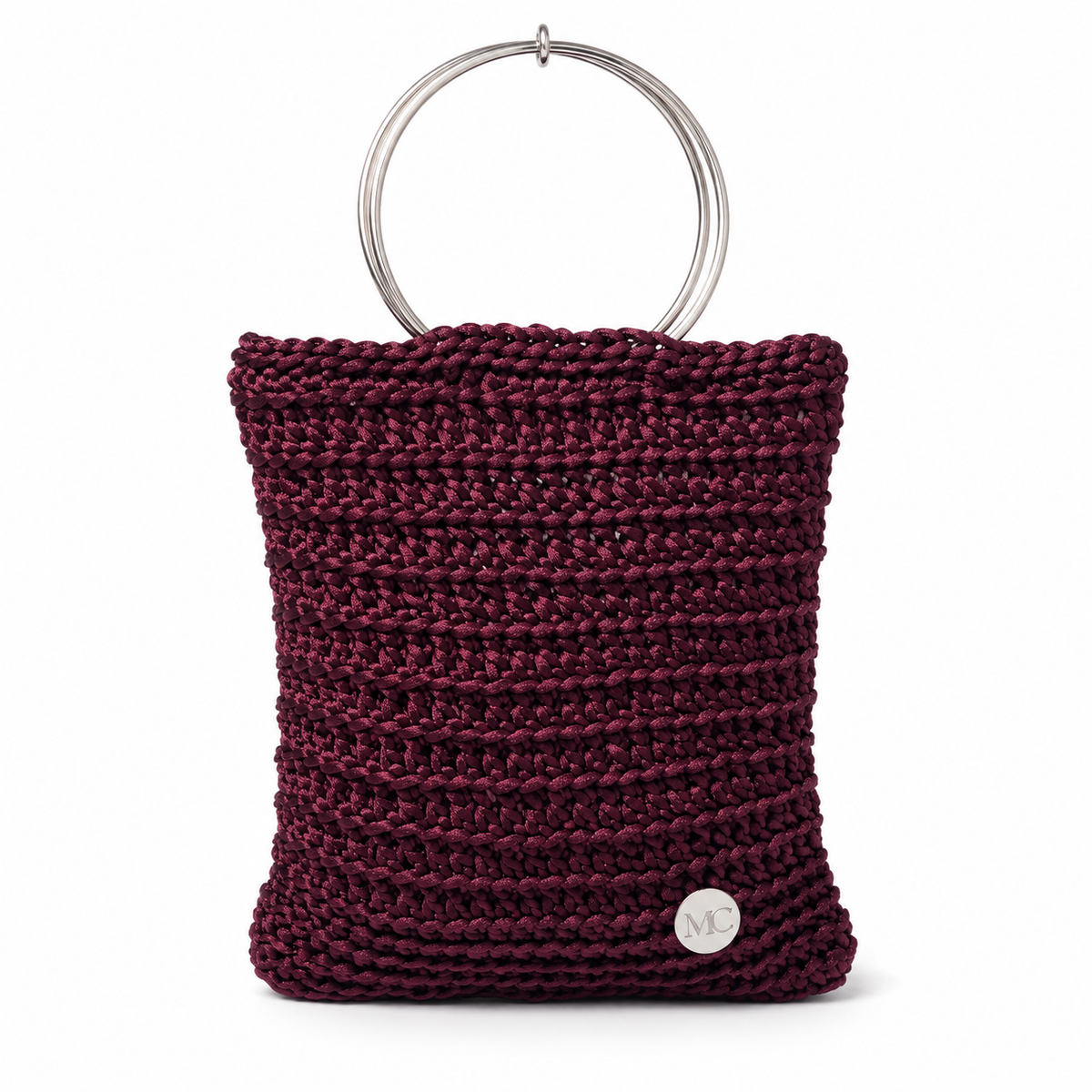 cartera tejida en hilo de seda color burdeo
